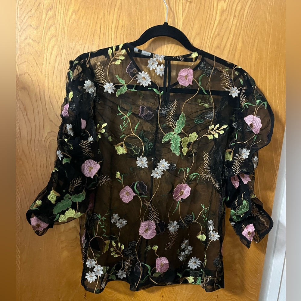 H&M Floral Embroidered Sheer Black Blouse M - Picture 9 of 9
